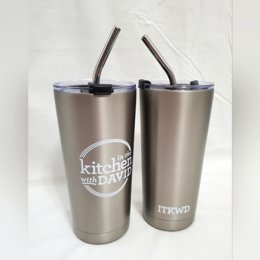 New Set of 2 In the Kitchen with David Silver Tone Travel Mugs With Straws